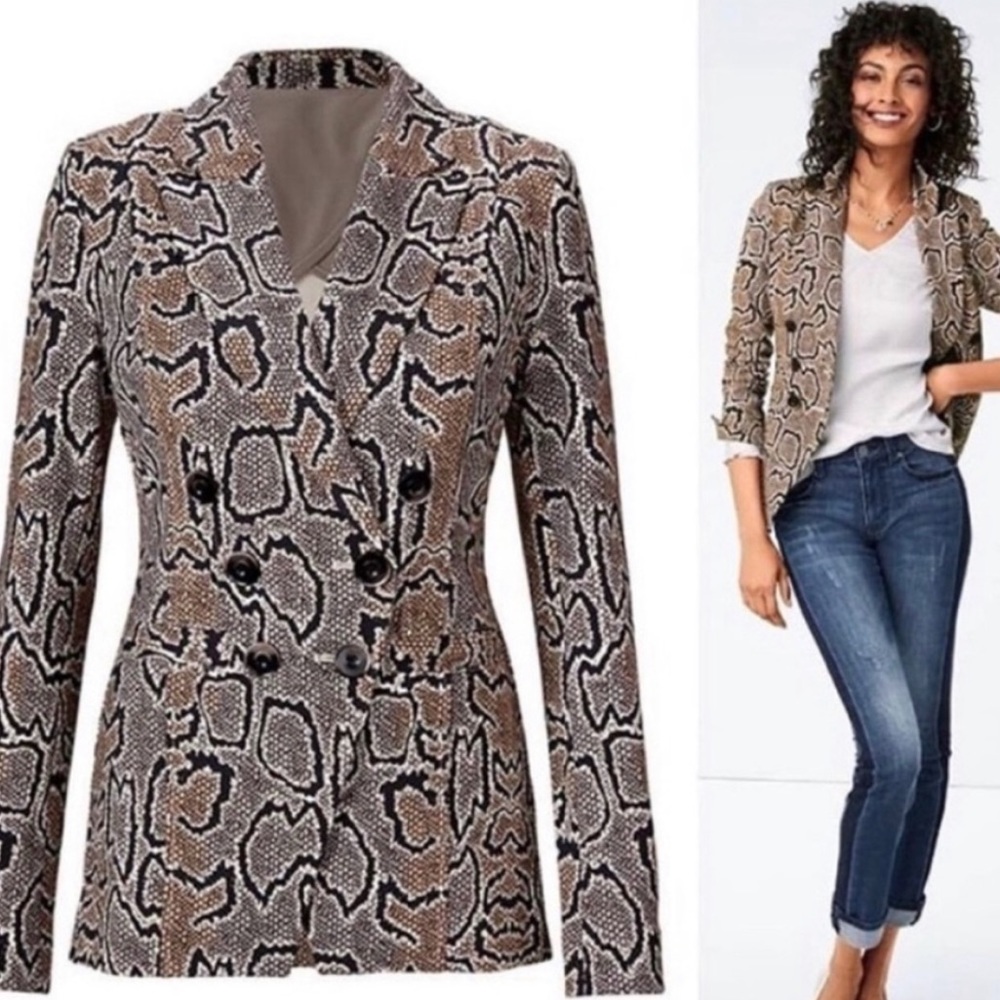 CAbi Snake Print Double-Breasted Blazer in Brown, Black, Cream